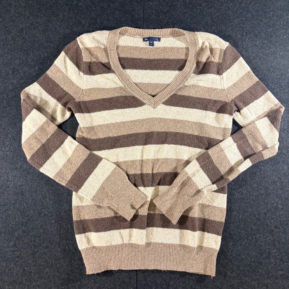 Gap Sweater Womens Medium Brown Tan Striped V-Neck Knit Pullover 90s Retro Y2K